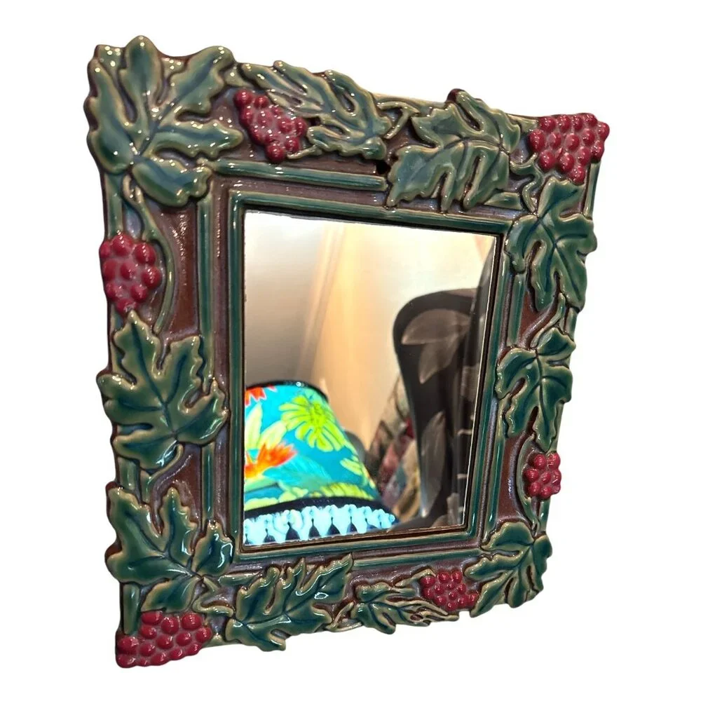 Tile Grape & Leaf Ceramic Framed Mirror Signed READ
